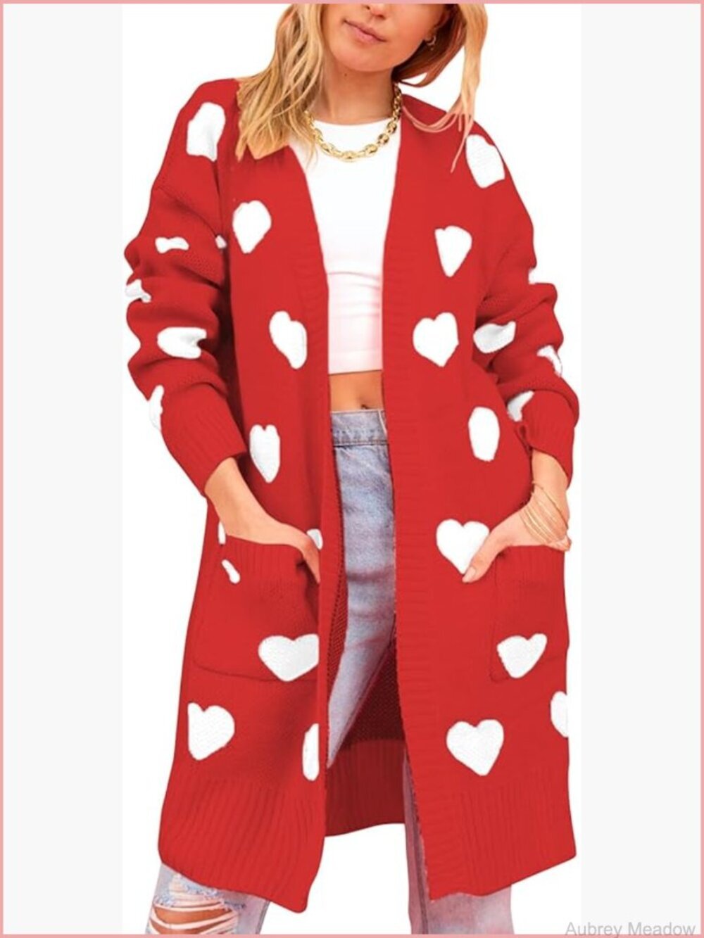 Cute Heart Long Cardigan Sweater V Neck Ribbed Knit Open Front With Pockets